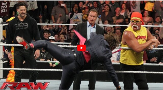 Arnold Schwarzenegger and Joe Manganiello join Hulk Hogan in the ring: Raw
