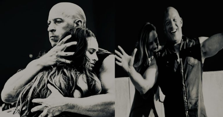 In a new Fast 10 BTS image, Vin Diesel and Brie Larson are seen joking around.
