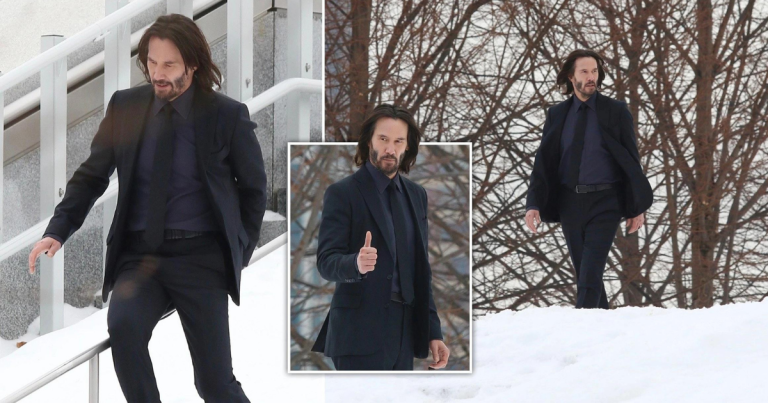 Keanu Reeves is cooler than ever as he gives thumbs up while braving New York’ snowy conditions for John Wick 4 sh