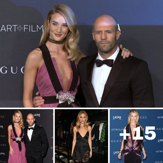  Gorgeous Rosie Huntington-Whiteley flashes cleavge in plunging pink gown at LACMA gala with Jason Statham