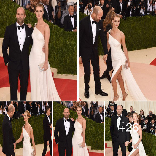 Braless Rosie Huntington-Whiteley oozes opulence in a thigh-split ivory gown as she cosies up to her smitten Jason Statham at the Met Gala