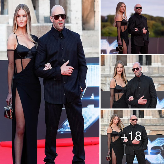 Rosie Huntington Whiteley wears a seмi-sheer panelled gown with a leggy thigh-high slit as she supports Jason Statham at Fast X premiere in Rome