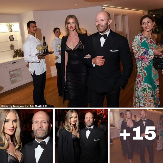 Rosie Huntington-Whiteley wows in a plunging black dress as she joins Jason Statham at star-studded Air Mail party during Cannes Film Festival