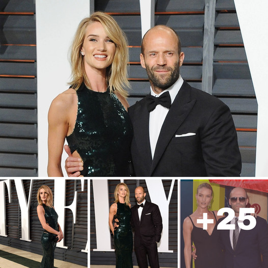 Rosie Huntington-Whiteley exudes elegance in a stunning emerald sequin gown, radiating glamour as she stays close to her boyfriend, Jason Statham, at Vanity Fair’s Oscars party.