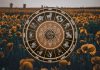 The Universe Is Restoring Balance — Karma Has a Message for These Signs Golden zodiac wheel with astrological symbols above a field of sunflowers under a warm evening sky