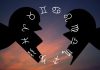 IF THIS ANGEL NUMBER KEEPS APPEARING, SOMETHING BIG IS COMING Silhouetted couple facing each other with zodiac symbols and a broken heart between them against a dramatic cosmic background