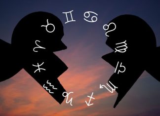 IF THIS ANGEL NUMBER KEEPS APPEARING, SOMETHING BIG IS COMING Silhouetted couple facing each other with zodiac symbols and a broken heart between them against a dramatic cosmic background