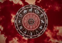9/9 IS NEAR: The Most Magical Day of the Year Has a Message for Every Zodiac Sign Glowing red zodiac wheel with astrological symbols surrounded by dramatic red clouds and mystical celestial energy