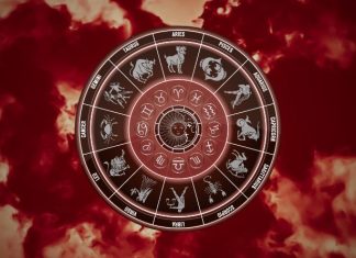 9/9 IS NEAR: The Most Magical Day of the Year Has a Message for Every Zodiac Sign Glowing red zodiac wheel with astrological symbols surrounded by dramatic red clouds and mystical celestial energy